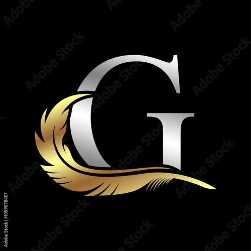 Initial "G" logo vector illustration template with simple feather silver letter