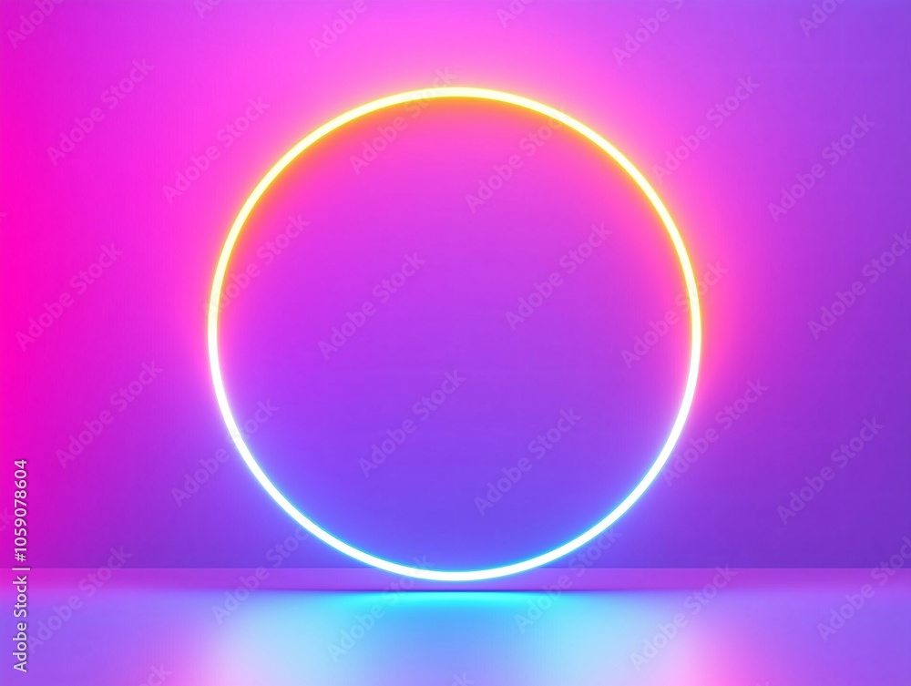 Pink neon circle ring on blue gradient background. Product display concept. Design for banner, poster and background with copy space. Pink neon circle ring on blue gradient background. Product display concept. Design for banner, poster and background with copy space.