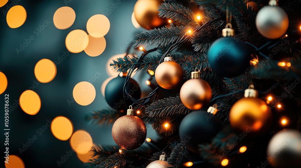 Close-up of a decorated Christmas tree with blue and gold baubles and warm white fairy lights creating a festive atmosphere. Close-up of a decorated Christmas tree with blue and gold baubles and warm white fairy lights creating a festive atmosphere.