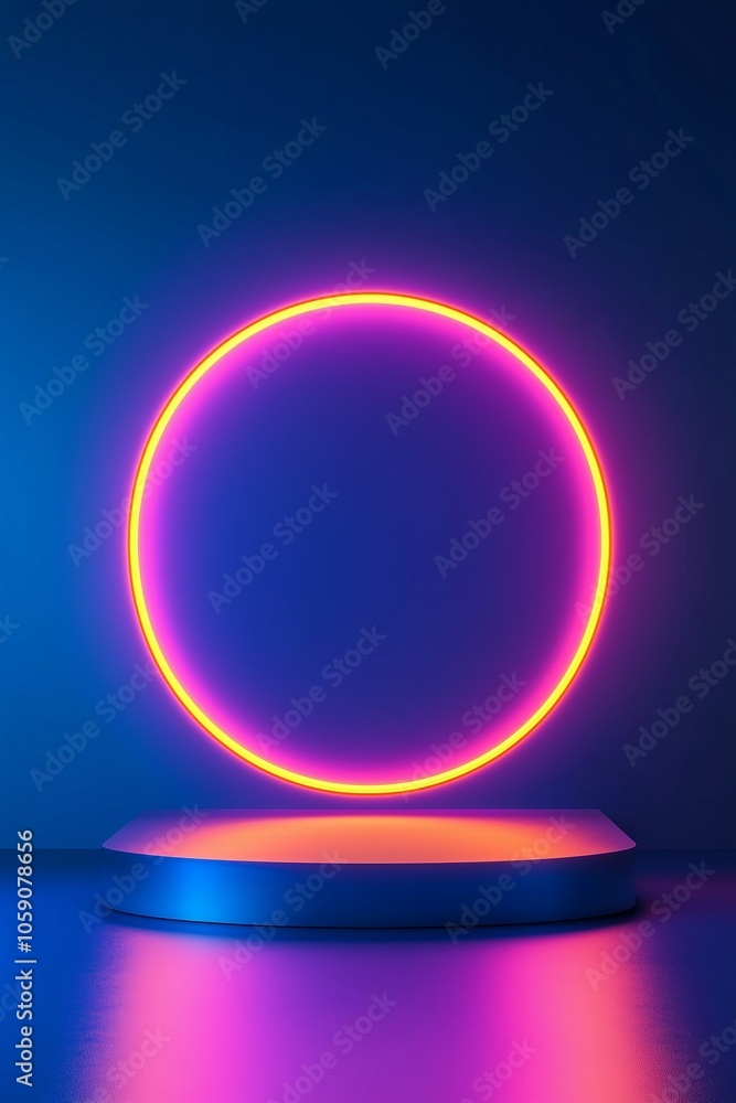 Black glowing platform on gradient pink and blue background. 3D render style. Product display concept. Design for banner, poster and background with copy space. Black glowing platform on gradient pink and blue background. 3D render style. Product display concept. Design for banner, poster and background with copy space.