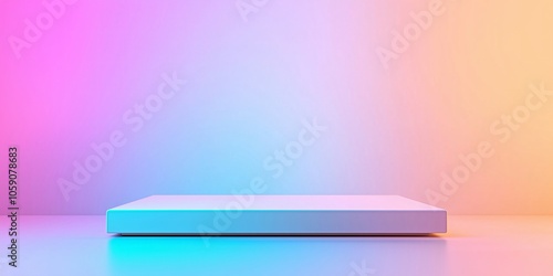 White rectangular glowing platform on gradient pink and blue background. 3D render style. Product display concept. Design for banner, poster and background with copy space.