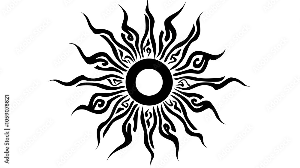 Striking Symmetrical Tribal Sun Tattoo Design on White Background Striking Symmetrical Tribal Sun Tattoo Design on White Background