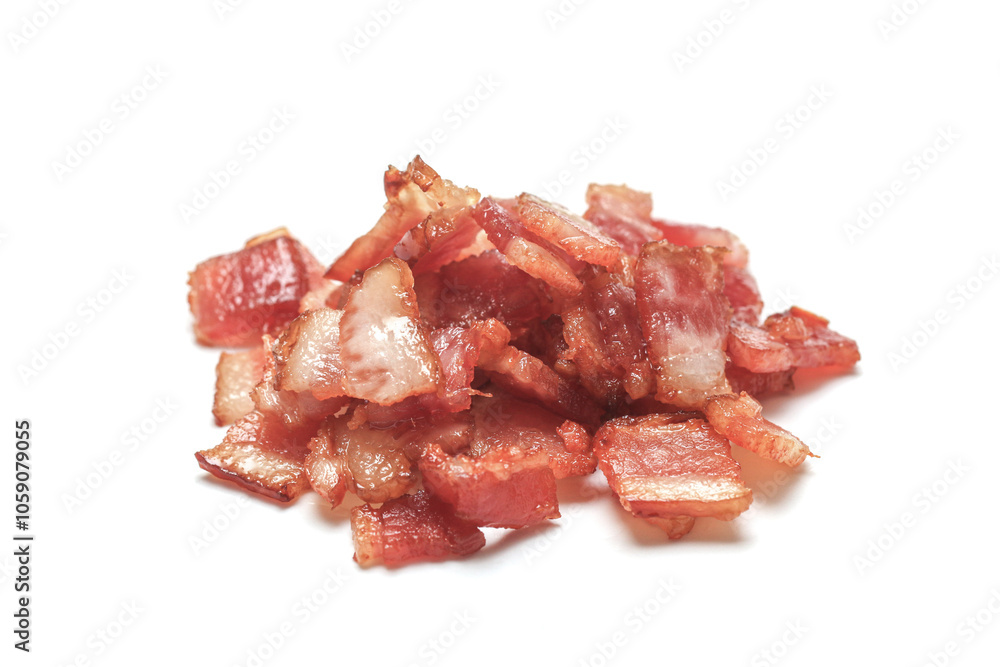 Close up of top view bacon fried crispy isolated white background. Close up of top view bacon fried crispy isolated white background.