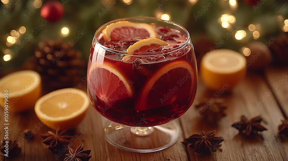 A glass of wine with orange slices and a sprig of rosemary A glass of wine with orange slices and a sprig of rosemary