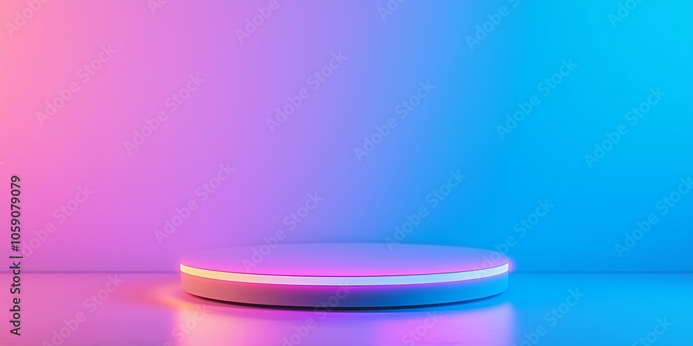 White glowing platform on gradient pink and blue background. 3D render style. Product display concept. Design for banner, poster and background with copy space. White glowing platform on gradient pink and blue background. 3D render style. Product display concept. Design for banner, poster and background with copy space.