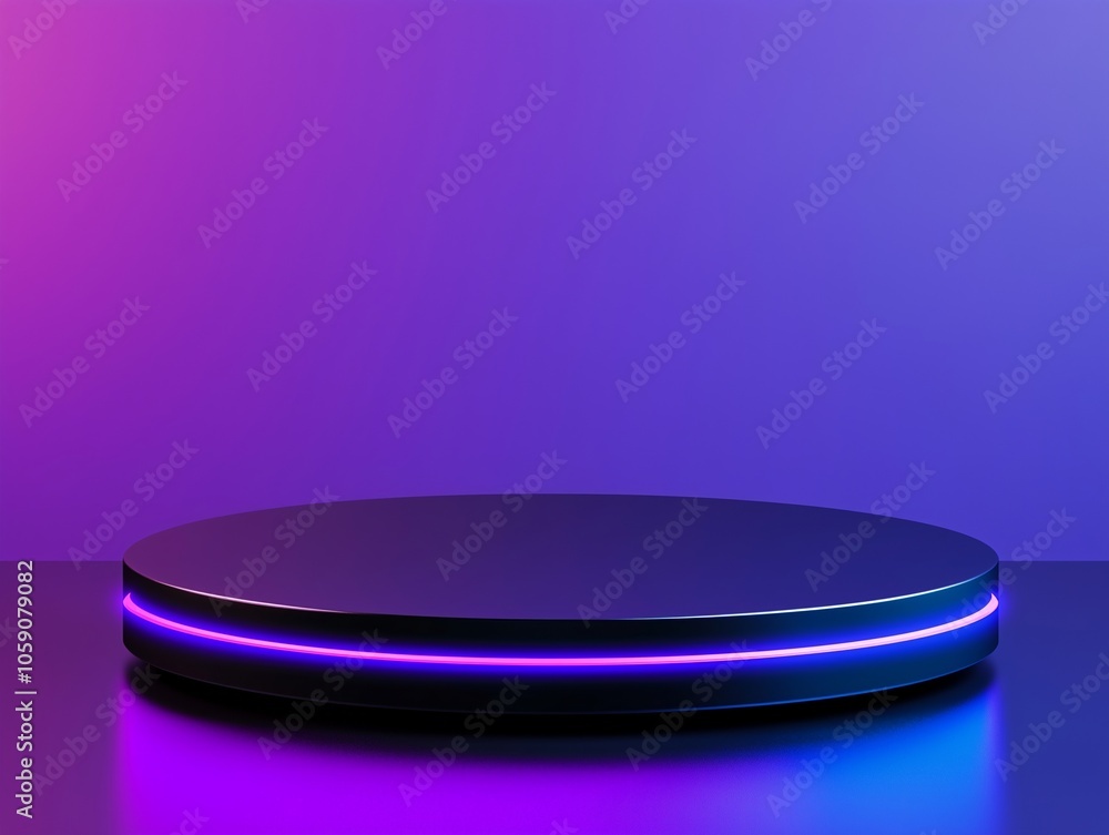Black glowing platform on gradient pink and blue background. 3D render style. Product display concept. Design for banner, poster and background with copy space. Black glowing platform on gradient pink and blue background. 3D render style. Product display concept. Design for banner, poster and background with copy space.