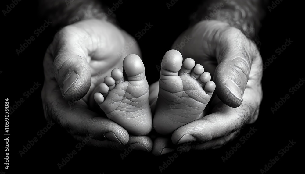 Visual representation of a closeup of a fathers hands supporting the tiny feet of his newborn, highlighting the bond and tenderness in child care Visual representation of a closeup of a fathers hands supporting the tiny feet of his newborn, highlighting the bond and tenderness in child care