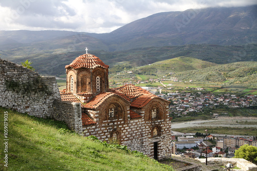 holy trinity church in berat castle, albania, with views of city in background