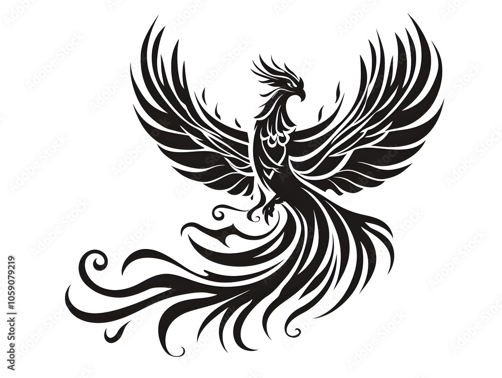 Black Tattoo Phoenix Rising from Flames on White Background Black Tattoo Phoenix Rising from Flames on White Background