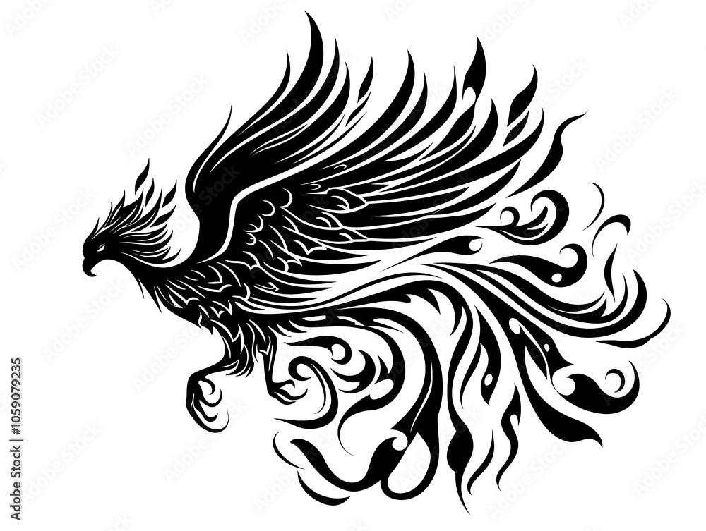Powerful Black Phoenix Tattoo Design with Bold Flowing Lines on White Background Powerful Black Phoenix Tattoo Design with Bold Flowing Lines on White Background