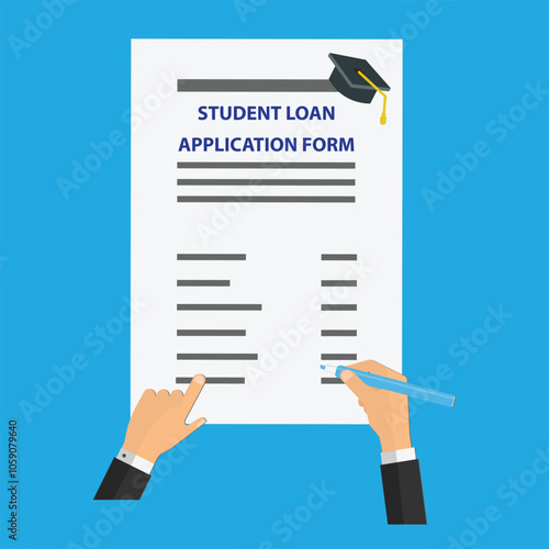 Hand holding a pen ready to sign the bottom of a student loan application form