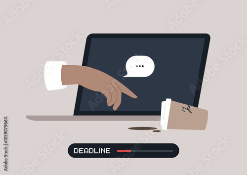 A hand is poised over a laptop keyboard, reflecting the urgency of finalizing tasks, An overturned coffee cup sits nearby, hinting at long hours spent working against the pressure of a deadline