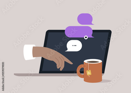 An expressive hand interacts with a laptop, sending messages amidst playful chat bubbles, accompanied by a warm cup of tea, creating a vibrant digital atmosphere
