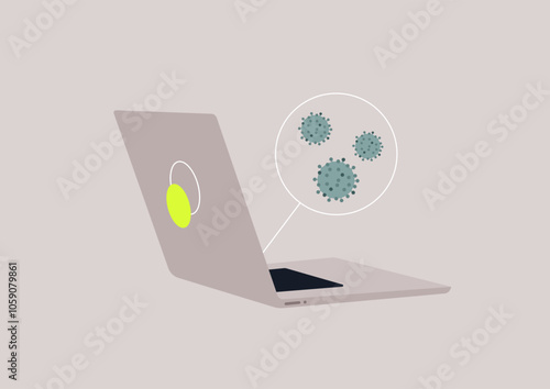 A laptop displays an ongoing virus attack, featuring visual representations of digital threats emerging from the device in a contemporary office setting
