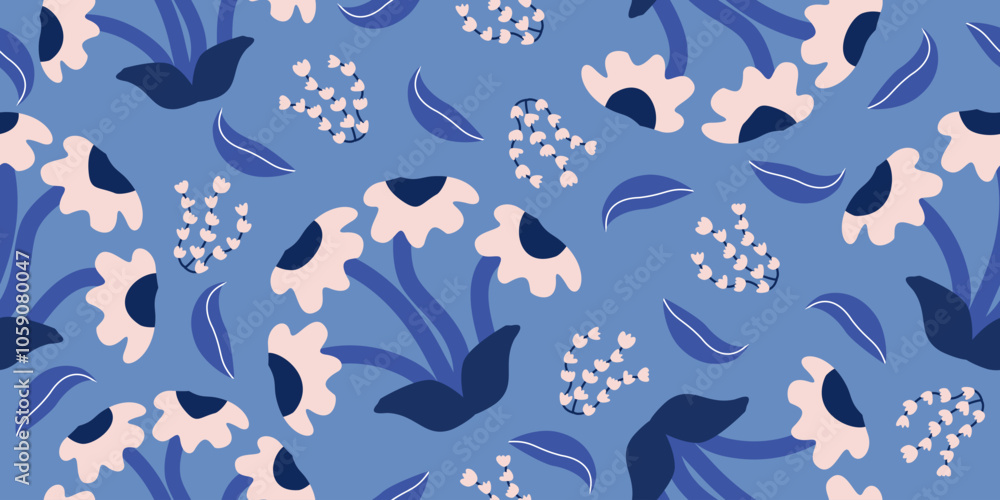 Fototapeta premium Hand drawn flowers seamless patterns ornate spring bohemian for fabric, textiles, clothing, wrapping paper, cover, banner, interior decor, abstract backgrounds.