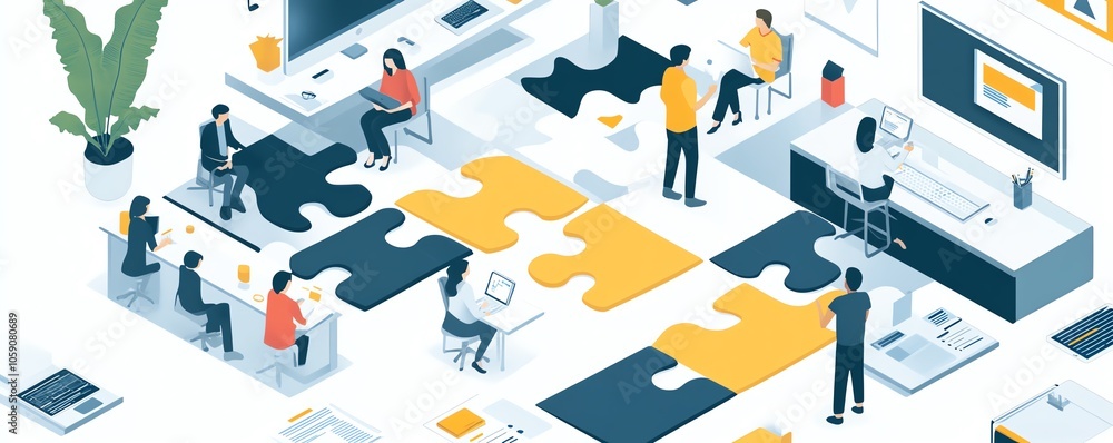 Visual representation of an office workspace with puzzle pieces scattered around, depicting the brainstorming process and the assembly of business strategies Visual representation of an office workspace with puzzle pieces scattered around, depicting the brainstorming process and the assembly of business strategies