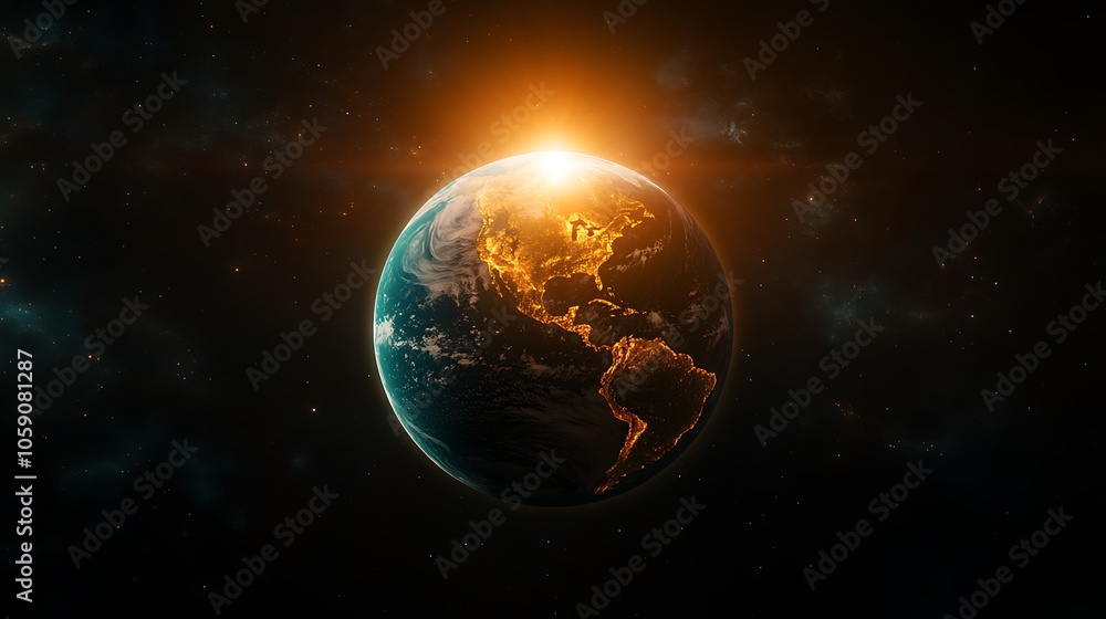 Fototapeta premium Earth From Space with Sun Rays Blank Background with Copy Space for Design Projects