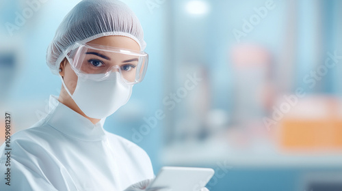 
Protective gear-clad inspector scanning for contaminants in a sterile production area, ensuring contamination control, photo