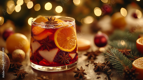 A glass of wine with orange slices and a sprig of rosemary photo