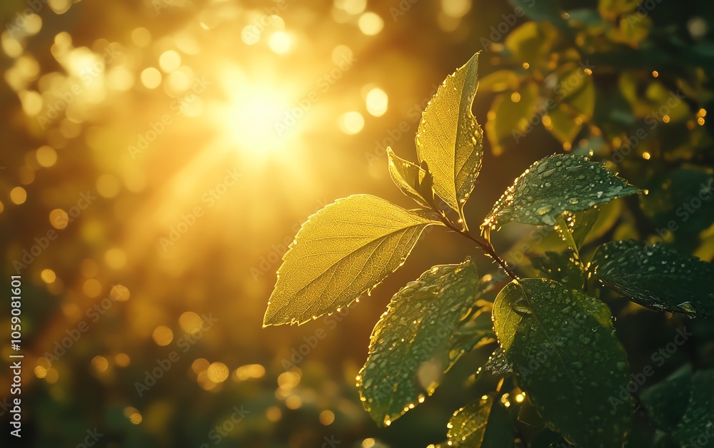 Dynamic image of a thriving green plant under warm sunlight, showcasing a lone dewdrop on its leaf, representing renewal, resilience, and the cycles of nature Dynamic image of a thriving green plant under warm sunlight, showcasing a lone dewdrop on its leaf, representing renewal, resilience, and the cycles of nature