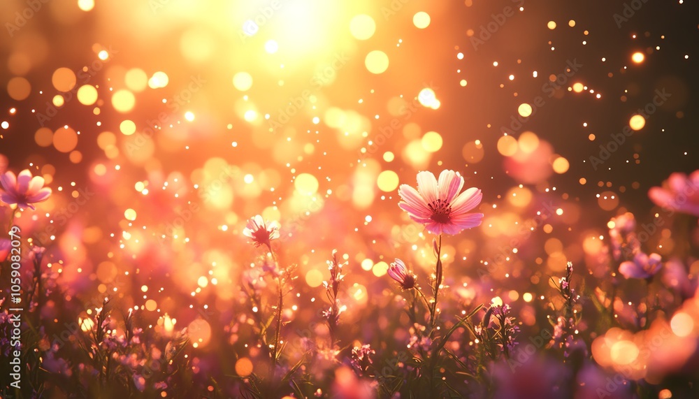 Graphic depicting a bright flower meadow bathed in sunlight, with sparkling bokeh effects dancing above, creating a joyful and tranquil summer atmosphere Graphic depicting a bright flower meadow bathed in sunlight, with sparkling bokeh effects dancing above, creating a joyful and tranquil summer atmosphere