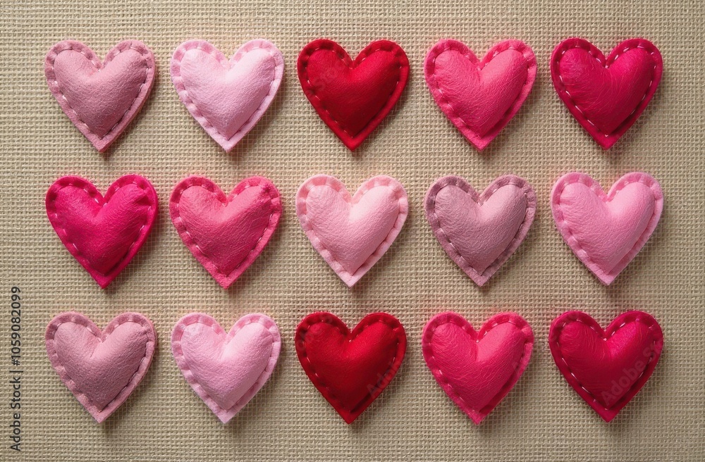 Handmade felt heart of different colors on a linen surface Handmade felt heart of different colors on a linen surface