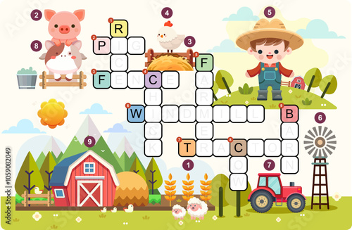 Crosswords farm animals concept. Educational games for kids, Educational page for children, Printable worksheet for english lessons, Cartoon flat vector illustration
