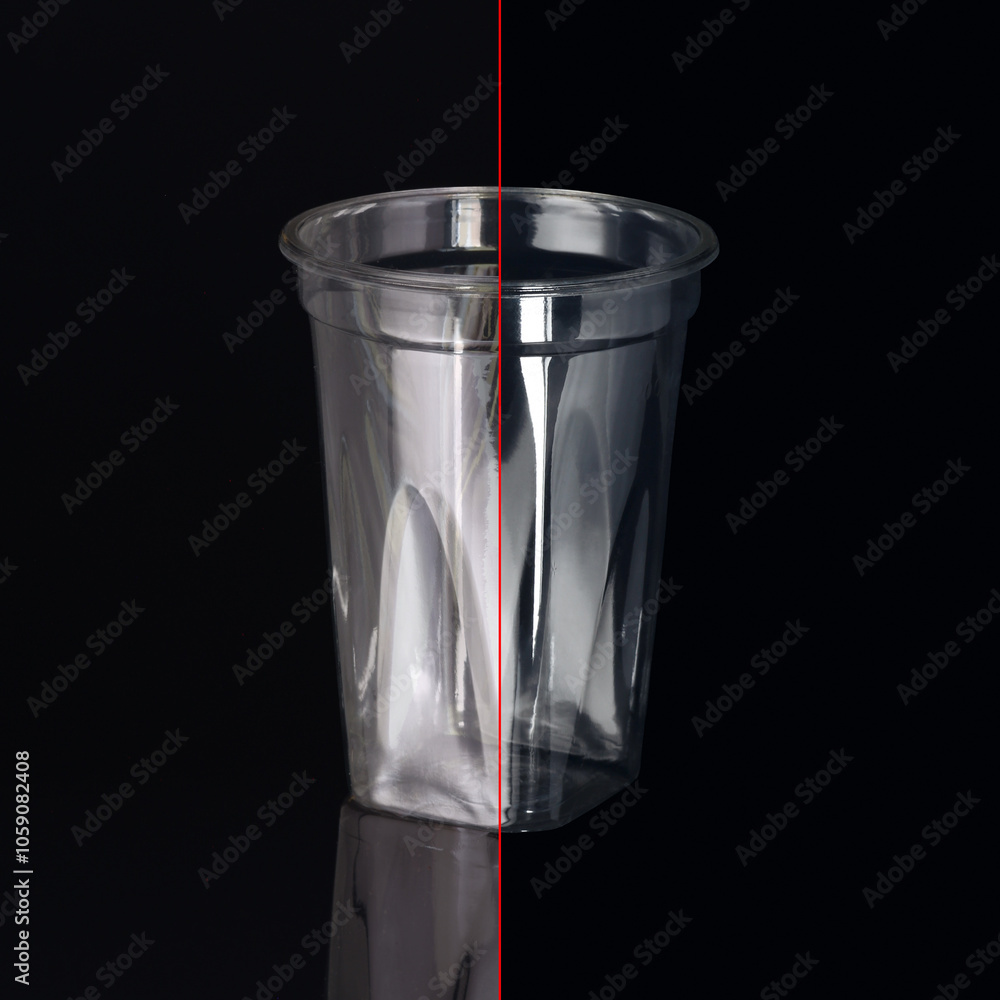 Photos before/after processing. Photo of a disposable clear plastic cup on a dark background. Subject photography.