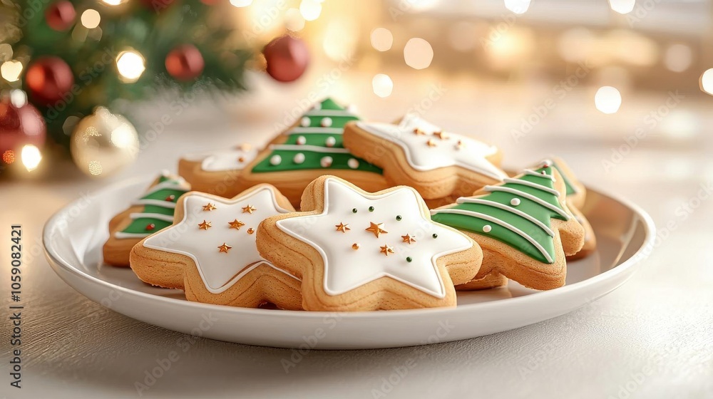 Obraz premium 3D Illustration Christmas cookies in cute cartoon shapes, like stars and trees, arranged on a holiday plate, warm and inviting