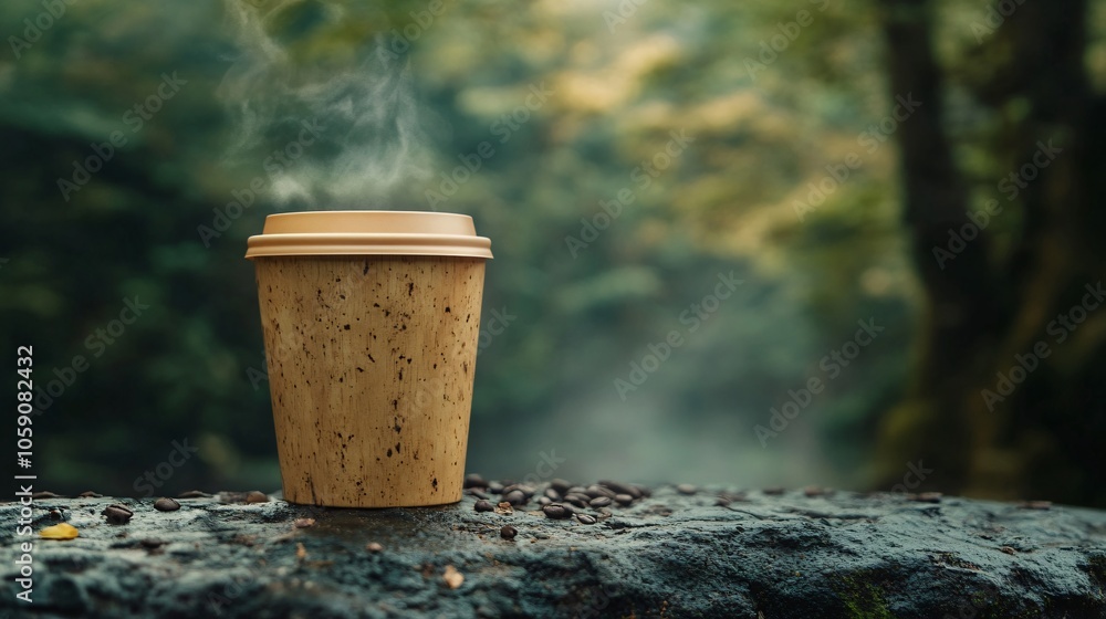Steaming Coffee Cup in a Misty Forest Steaming Coffee Cup in a Misty Forest