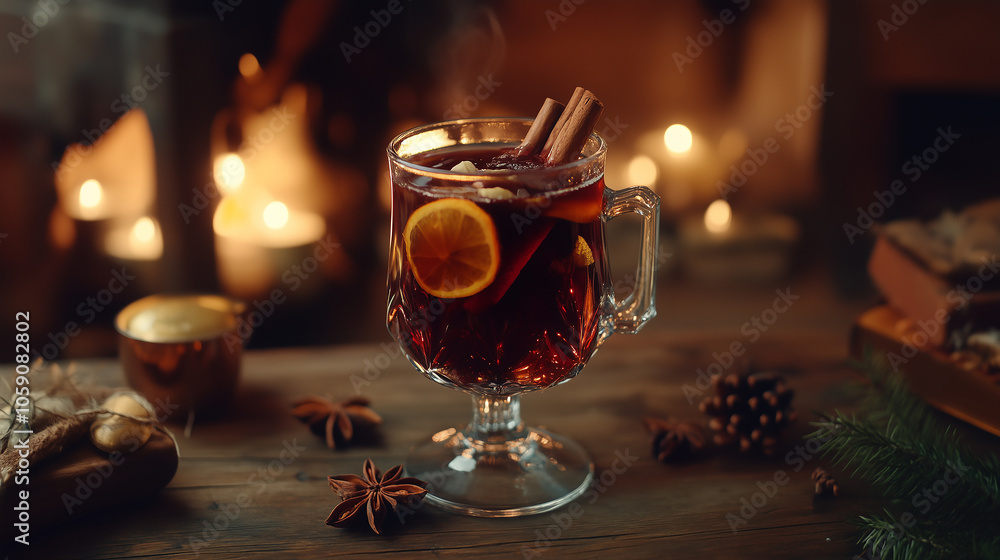 A glass of wine with orange slices and a sprig of rosemary A glass of wine with orange slices and a sprig of rosemary