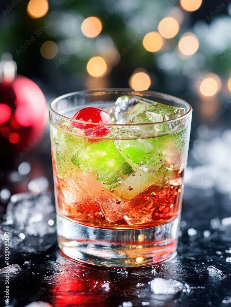 Festive Cocktail Drink with Red and Green Garnishes Festive Cocktail Drink with Red and Green Garnishes