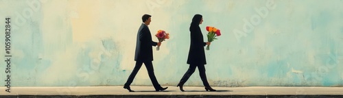 Two figures walking in opposite directions, but each with a smile and a bouquet of flowers, symbolizing positive closure photo