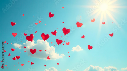 Valentine's day concept. Many red heart shape balloons against blue sky with clouds