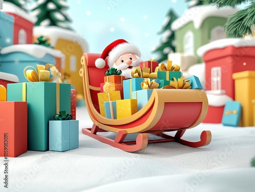 Wallpaper Mural Santa s sleigh in 3D Illustration, filled with cute cartoonstyle presents, snowcovered background, joyful holiday vibe Torontodigital.ca