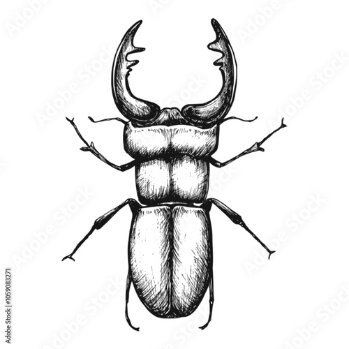 Stag beetle sketch isolated on white background. Vintage animal bug vector illustration.