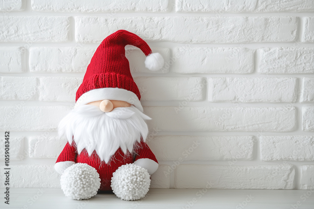 Fototapeta premium A plush Santa figure in a red hat and a fluffy white beard sits serenely against a textured white brick wall. Copy space