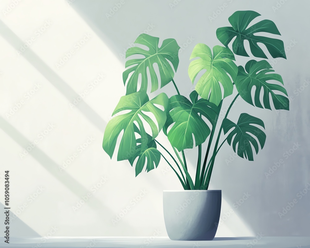 Illustration of a lush monstera plant with intricate leaf patterns, elegantly positioned in a minimalist pot against a stark white backdrop, embodying contemporary design Illustration of a lush monstera plant with intricate leaf patterns, elegantly positioned in a minimalist pot against a stark white backdrop, embodying contemporary design
