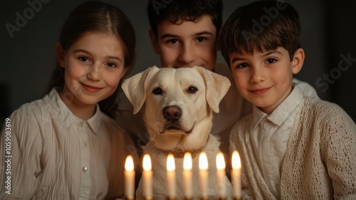 Family gathered around a menorah, glowing with warm candlelight, representing community and tradition, Hanukkah community, family heritage photo