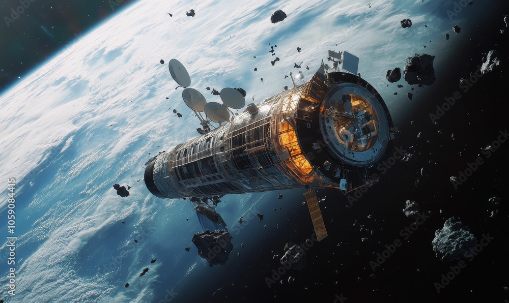 Space station orbiting Earth with asteroids. Space station orbiting Earth with asteroids.