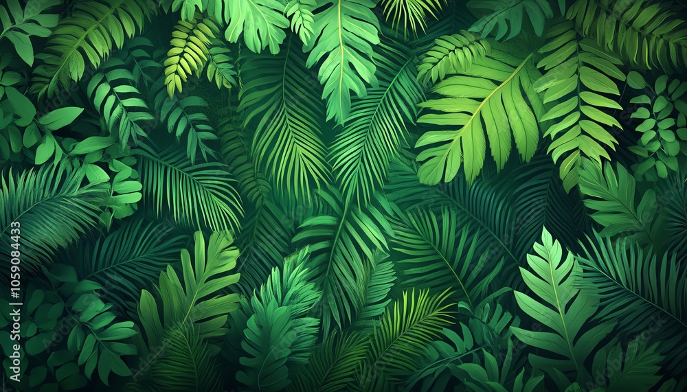 Illustration of vibrant green fern plants filling the background, creating a lush, natural setting that enhances the richness and diversity of surrounding flora Illustration of vibrant green fern plants filling the background, creating a lush, natural setting that enhances the richness and diversity of surrounding flora