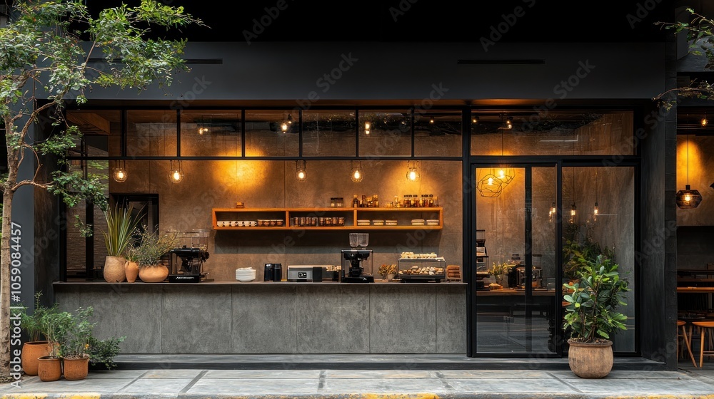 custom made wallpaper toronto digitalA modern storefront with a black facade, large windows, and warm lighting showcasing a minimalist interior with a concrete countertop and wooden shelves.