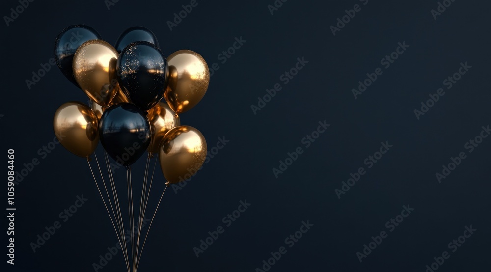 Minimalistic black and gold balloons on dark backdrop Minimalistic black and gold balloons on dark backdrop