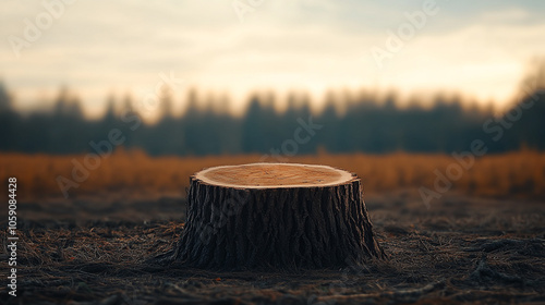 
A tree stump surrounded by deforested land, symbolizing the relentless loss of nature to human activity, photo