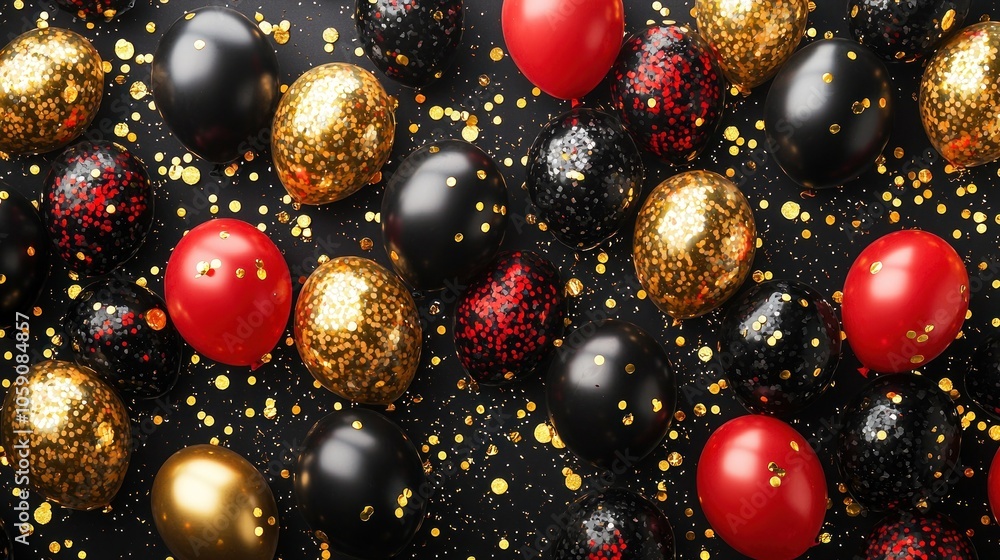 Vibrant array of colorful balloons with glitter confetti Vibrant array of colorful balloons with glitter confetti