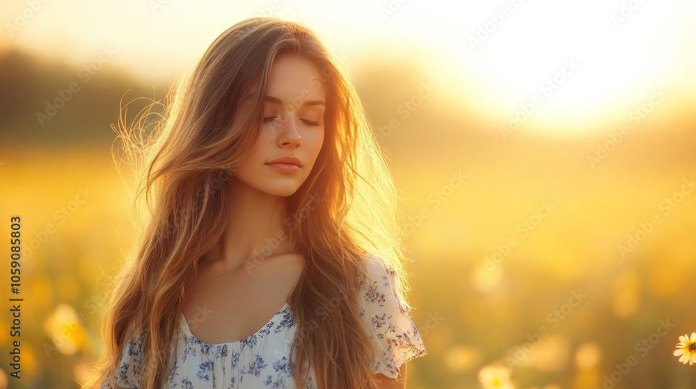 Young woman in a floral summer dress, light and flowing, surrounded by blooming nature and sunshine
Young woman in a floral summer dress, light and flowing, surrounded by blooming nature and sunshine