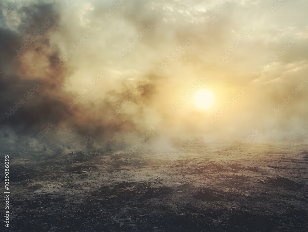 Desolate Landscape with Ash Falling Like Snow Sun Obscured by Thick Smoke Clouds as Remnants of Humanity Search for Survival Desolate Landscape with Ash Falling Like Snow Sun Obscured by Thick Smoke Clouds as Remnants of Humanity Search for Survival