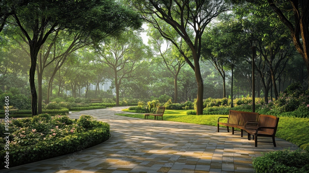 Fototapeta premium Serene Morning Walk Through A Lush Park