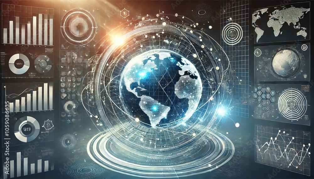 Fototapeta premium Global Data Visualization with Charts Graphs and Earth Globe