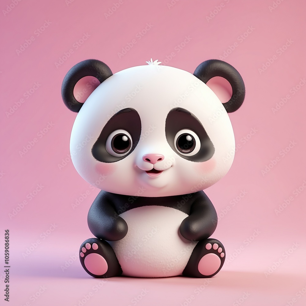 Fototapeta premium Adorable 3D rendered kawaii style panda character on a soft pink background